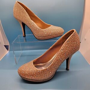 Sparkly Gold Shoes Heels Womens Size 5.5 Rhinestones Sequins Prom Wedding Formal